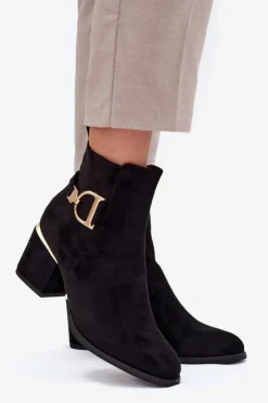 Boto Botki Ocieplane|Botki Na Słupku*Ocieplane Botki Damskie Na Słupku Ze Złotymi Elementami Czarne Ambrine Czarny