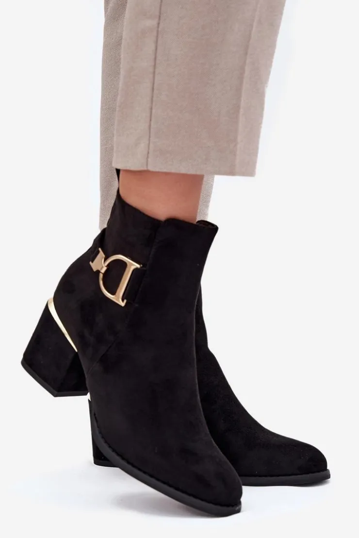 Boto Botki Ocieplane|Botki Na Słupku*Ocieplane Botki Damskie Na Słupku Ze Złotymi Elementami Czarne Ambrine Czarny