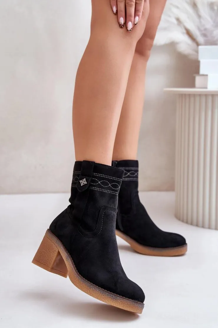 Boto Botki Ocieplane|Botki Na Obcasie*Ocieplane Botki Damskie Na Obcasie Słupku Czarne Vailia Czarny