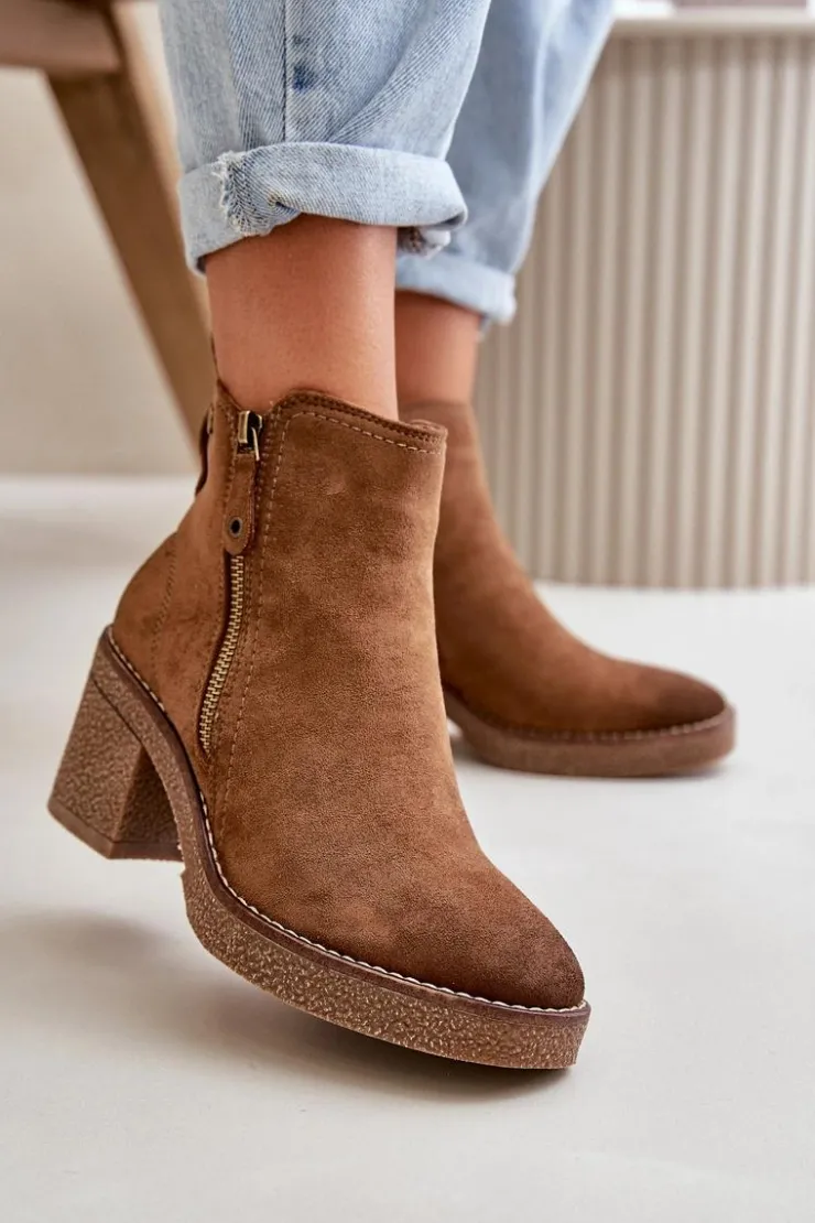 Boto Botki Ocieplane|Brązowe I Beżowe Botki*Ocieplane Botki Damskie Na Słupku Z Eko Zamszu Brązowe Velarilla Brązowy