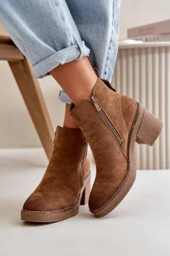 Boto Botki Ocieplane|Brązowe I Beżowe Botki*Ocieplane Botki Damskie Na Słupku Z Eko Zamszu Brązowe Velarilla Brązowy