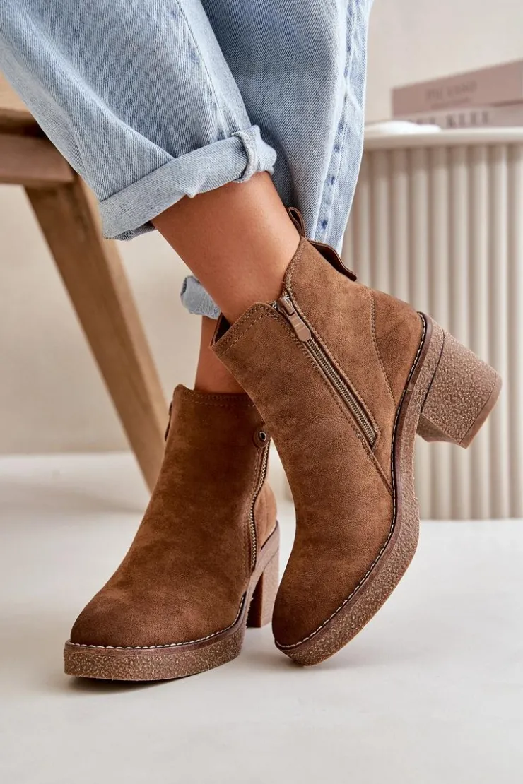 Boto Botki Ocieplane|Brązowe I Beżowe Botki*Ocieplane Botki Damskie Na Słupku Z Eko Zamszu Brązowe Velarilla Brązowy