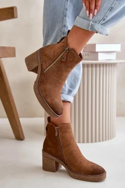 Boto Botki Ocieplane|Brązowe I Beżowe Botki*Ocieplane Botki Damskie Na Słupku Z Eko Zamszu Brązowe Velarilla Brązowy