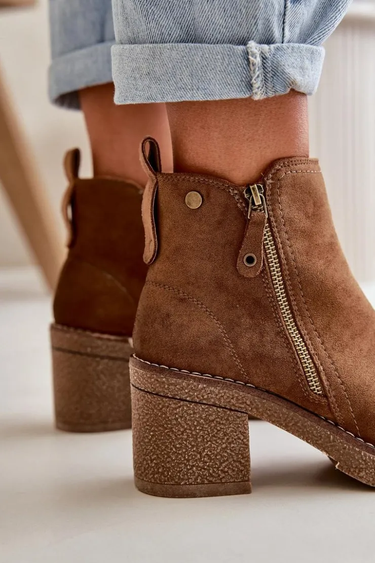 Boto Botki Ocieplane|Brązowe I Beżowe Botki*Ocieplane Botki Damskie Na Słupku Z Eko Zamszu Brązowe Velarilla Brązowy