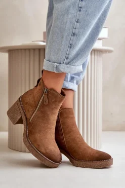 Boto Botki Ocieplane|Brązowe I Beżowe Botki*Ocieplane Botki Damskie Na Słupku Z Eko Zamszu Brązowe Velarilla Brązowy