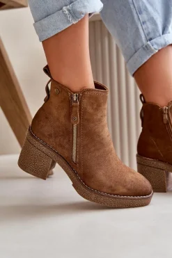 Boto Botki Ocieplane|Brązowe I Beżowe Botki*Ocieplane Botki Damskie Na Słupku Z Eko Zamszu Brązowe Velarilla Brązowy