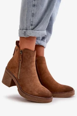 Boto Botki Ocieplane|Brązowe I Beżowe Botki*Ocieplane Botki Damskie Na Słupku Z Eko Zamszu Brązowe Velarilla Brązowy