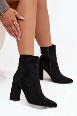 Boto Botki Ocieplane|Botki Na Słupku*Ocieplane Botki Damskie Na Słupku Z Eko Zamszu Czarne Pralina