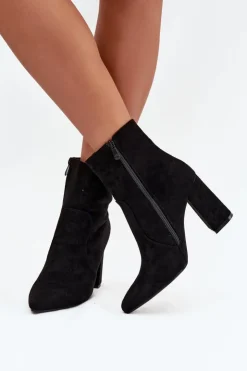 Boto Botki Ocieplane|Botki Na Słupku*Ocieplane Botki Damskie Na Słupku Z Eko Zamszu Czarne Pralina