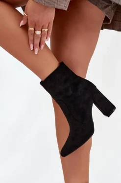 Boto Botki Ocieplane|Botki Na Słupku*Ocieplane Botki Damskie Na Słupku Z Eko Zamszu Czarne Pralina