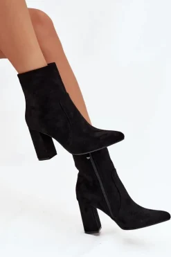 Boto Botki Ocieplane|Botki Na Słupku*Ocieplane Botki Damskie Na Słupku Z Eko Zamszu Czarne Pralina