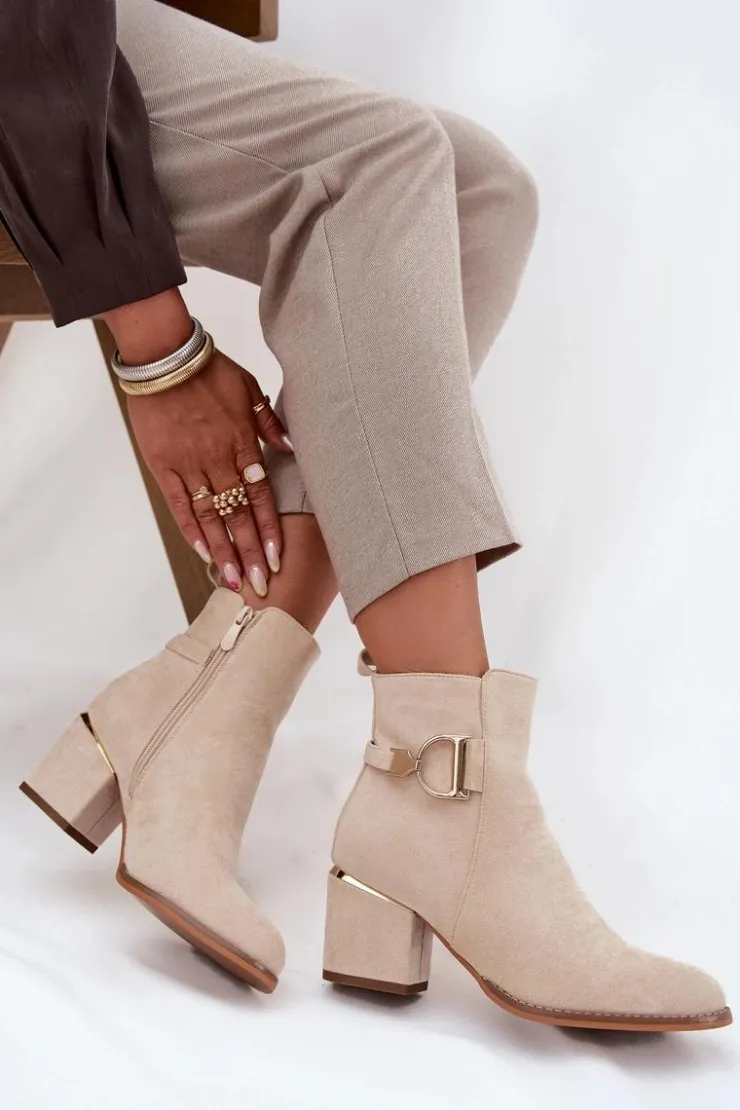 Hot Boto Ocieplane Botki Damskie Na Słupku Ze Złotymi Elementami Jasnobeżowe Ambrine