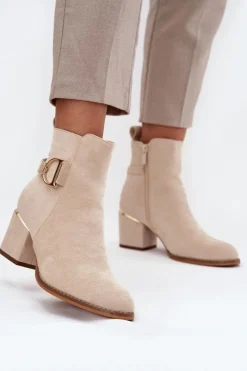 Hot Boto Ocieplane Botki Damskie Na Słupku Ze Złotymi Elementami Jasnobeżowe Ambrine