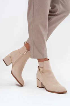 Hot Boto Ocieplane Botki Damskie Na Słupku Ze Złotymi Elementami Jasnobeżowe Ambrine