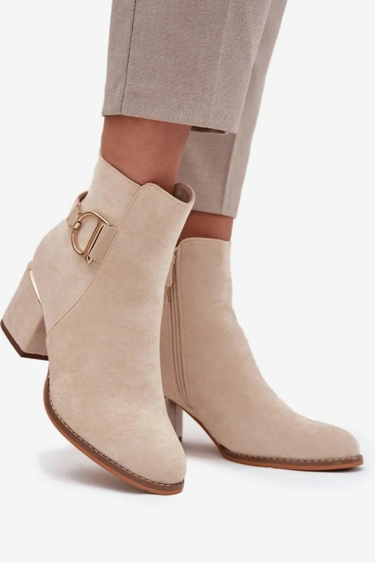 Hot Boto Ocieplane Botki Damskie Na Słupku Ze Złotymi Elementami Jasnobeżowe Ambrine