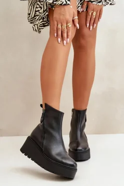 Hot Buty damskie Vinceza Ocieplane Botki Damskie Na Koturnie I Platformie Skóra Naturalna Czarne Vinceza 58340