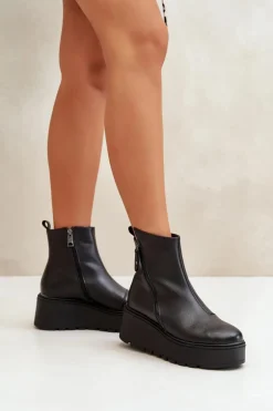 Hot Buty damskie Vinceza Ocieplane Botki Damskie Na Koturnie I Platformie Skóra Naturalna Czarne Vinceza 58340