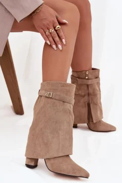 Damskie Boto Ocieplane Botki Damskie Na Słupku Z Ozdobnym Paskiem Khaki Luvielle