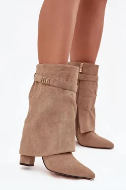 Damskie Boto Ocieplane Botki Damskie Na Słupku Z Ozdobnym Paskiem Khaki Luvielle