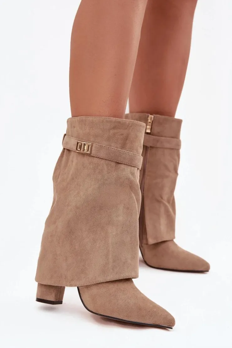 Damskie Boto Ocieplane Botki Damskie Na Słupku Z Ozdobnym Paskiem Khaki Luvielle