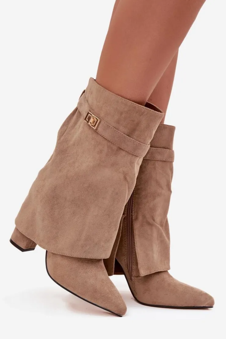 Damskie Boto Ocieplane Botki Damskie Na Słupku Z Ozdobnym Paskiem Khaki Luvielle