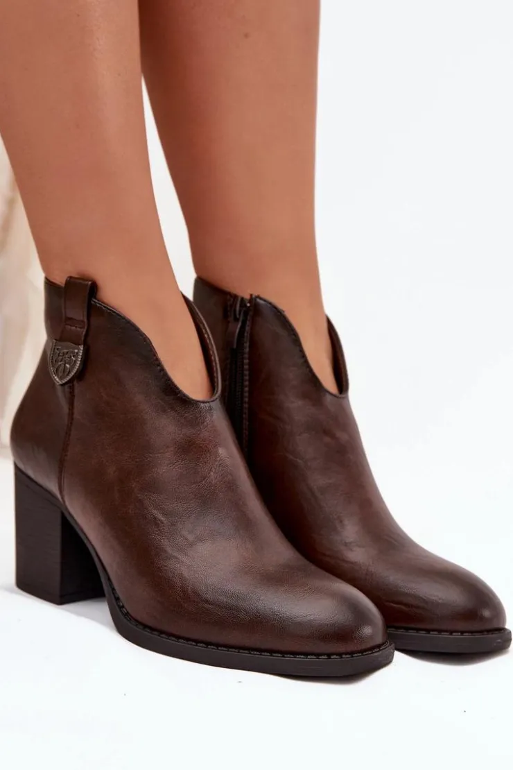 New Boto Ocieplane Botki Damskie Na Słupku Z Eko Skóry Czekoladowe Talienne