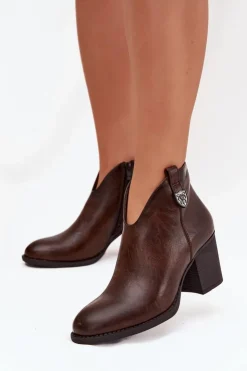 New Boto Ocieplane Botki Damskie Na Słupku Z Eko Skóry Czekoladowe Talienne