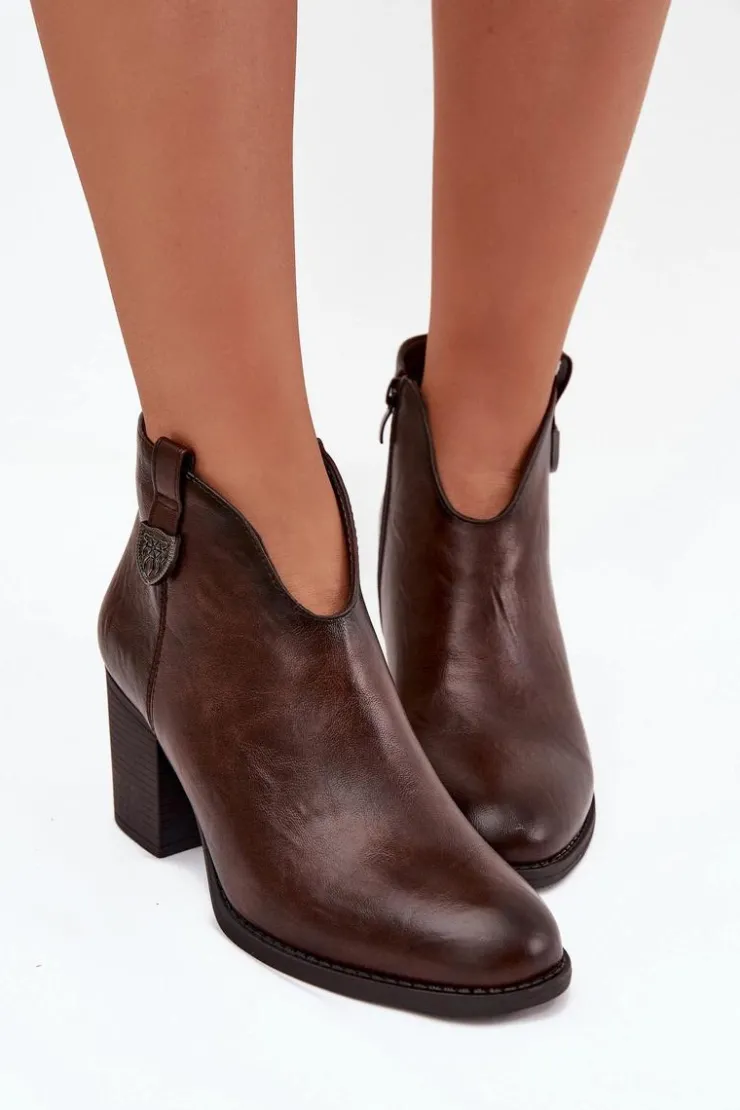 New Boto Ocieplane Botki Damskie Na Słupku Z Eko Skóry Czekoladowe Talienne