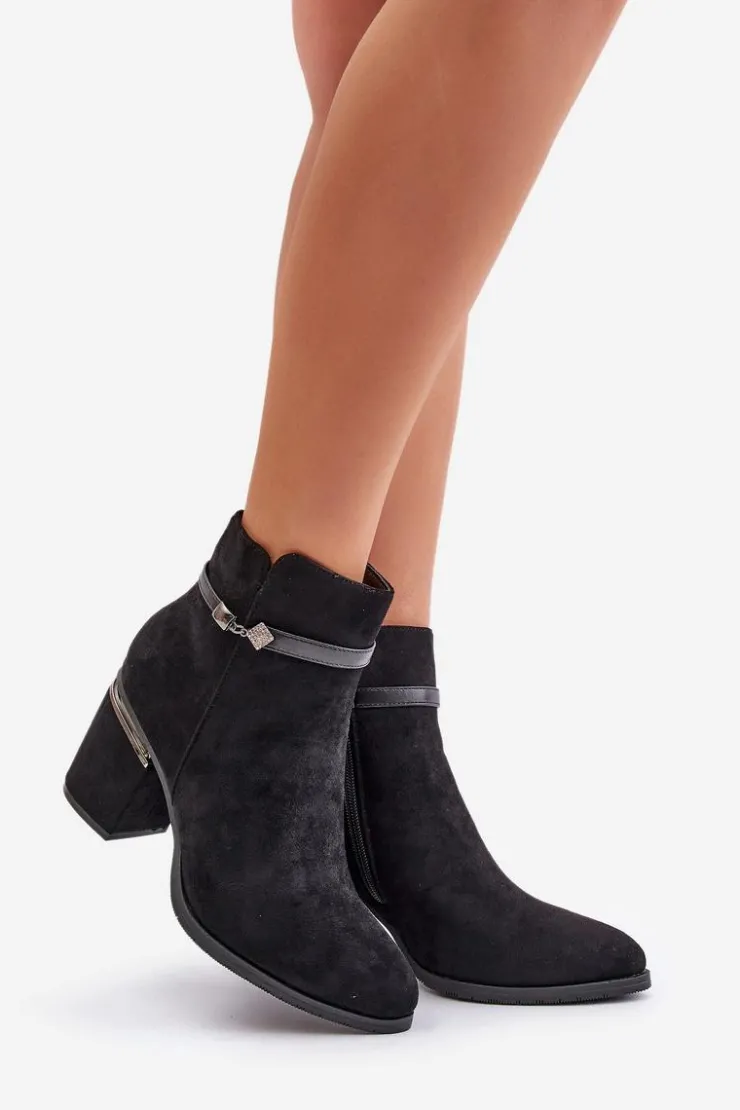 Buty damskie Vinceza Botki Ocieplane|Brązowe I Beżowe Botki*Ocieplane Botki Damskie Na Słupku Z Ozdobnym Paskiem Vinceza 16446 Czarne