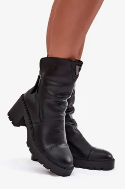 Buty damskie Vinceza Botki Ocieplane|Botki Skórzane*Ocieplane Botki Damskie Na Masywnym Obcasie Z Podwójnym Zamkiem Vinceza 58605 Czarne