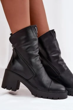 Buty damskie Vinceza Botki Ocieplane|Botki Skórzane*Ocieplane Botki Damskie Na Masywnym Obcasie Z Podwójnym Zamkiem Vinceza 58605 Czarne