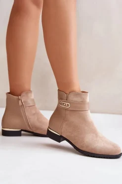 Boto Brązowe I Beżowe Botki|Botki Płaskie*Ocieplane Botki Damskie Na Płaskim Obcasie Ze Złotym Detalem Beżowe Ravasira