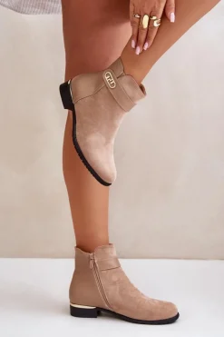 Boto Brązowe I Beżowe Botki|Botki Płaskie*Ocieplane Botki Damskie Na Płaskim Obcasie Ze Złotym Detalem Beżowe Ravasira