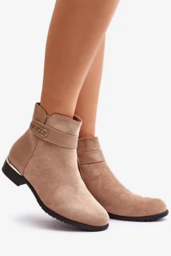 Boto Brązowe I Beżowe Botki|Botki Płaskie*Ocieplane Botki Damskie Na Płaskim Obcasie Ze Złotym Detalem Beżowe Ravasira