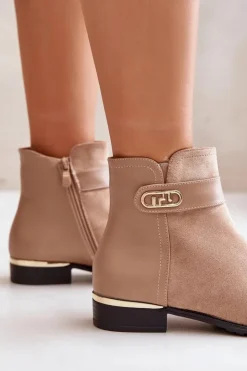 Boto Brązowe I Beżowe Botki|Botki Płaskie*Ocieplane Botki Damskie Na Płaskim Obcasie Ze Złotym Detalem Beżowe Ravasira