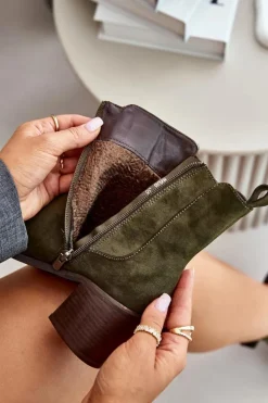 Damskie Boto Ocieplane Botki Damskie Na Słupku Ciemnozielone Radeya