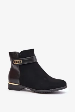 Damskie Boto Ocieplane Botki Damskie Na Płaskim Obcasie Ze Złotym Detalem Czarne Ravasira