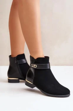 Damskie Boto Ocieplane Botki Damskie Na Płaskim Obcasie Ze Złotym Detalem Czarne Ravasira