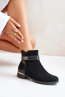 Damskie Boto Ocieplane Botki Damskie Na Płaskim Obcasie Ze Złotym Detalem Czarne Ravasira