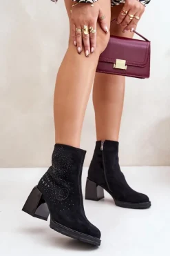 Damskie Damskie buty S.Barski Ocieplane Botki Damskie Na Słupku Ze Zdobieniem D&A MR880-130 Czarne