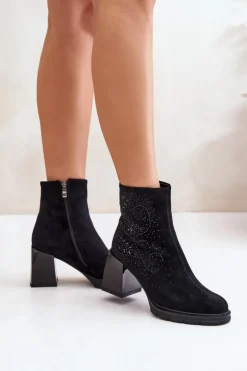 Damskie Damskie buty S.Barski Ocieplane Botki Damskie Na Słupku Ze Zdobieniem D&A MR880-130 Czarne