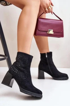 Damskie Damskie buty S.Barski Ocieplane Botki Damskie Na Słupku Ze Zdobieniem D&A MR880-130 Czarne