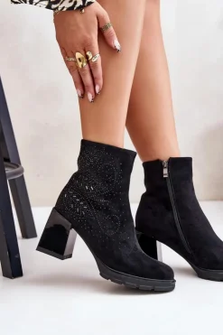 Damskie Damskie buty S.Barski Ocieplane Botki Damskie Na Słupku Ze Zdobieniem D&A MR880-130 Czarne