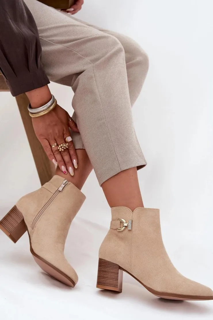 Damskie Boto Ocieplane Botki Damskie Na Słupku Ze Złotym Detalem Beżowe Renora