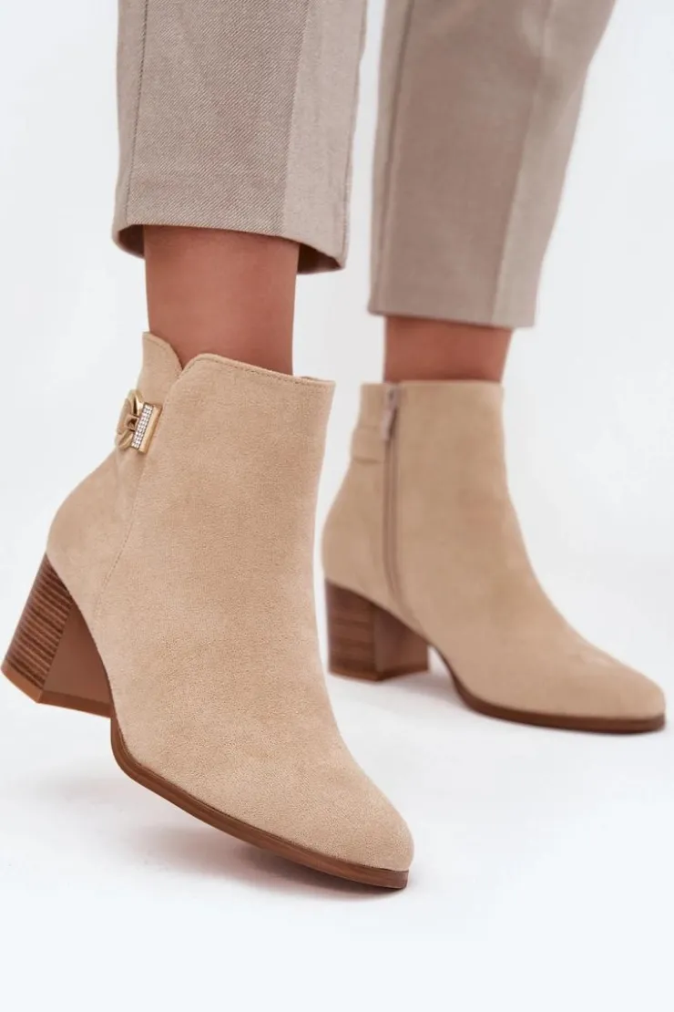 Damskie Boto Ocieplane Botki Damskie Na Słupku Ze Złotym Detalem Beżowe Renora