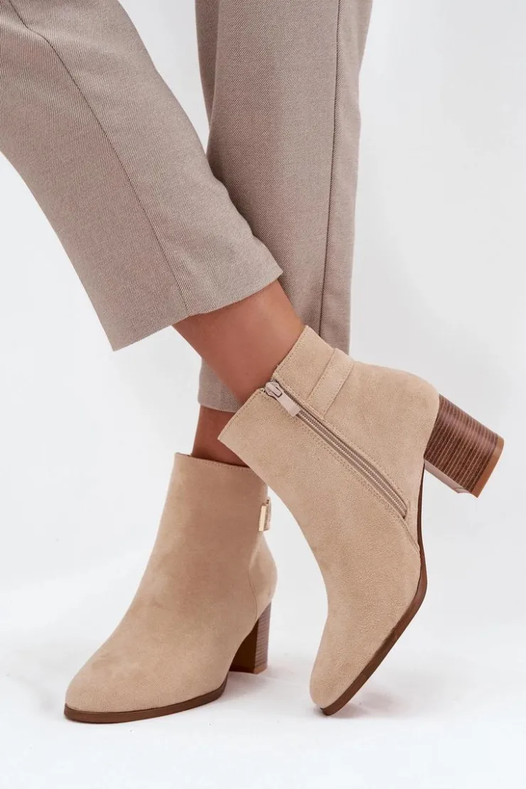 Damskie Boto Ocieplane Botki Damskie Na Słupku Ze Złotym Detalem Beżowe Renora