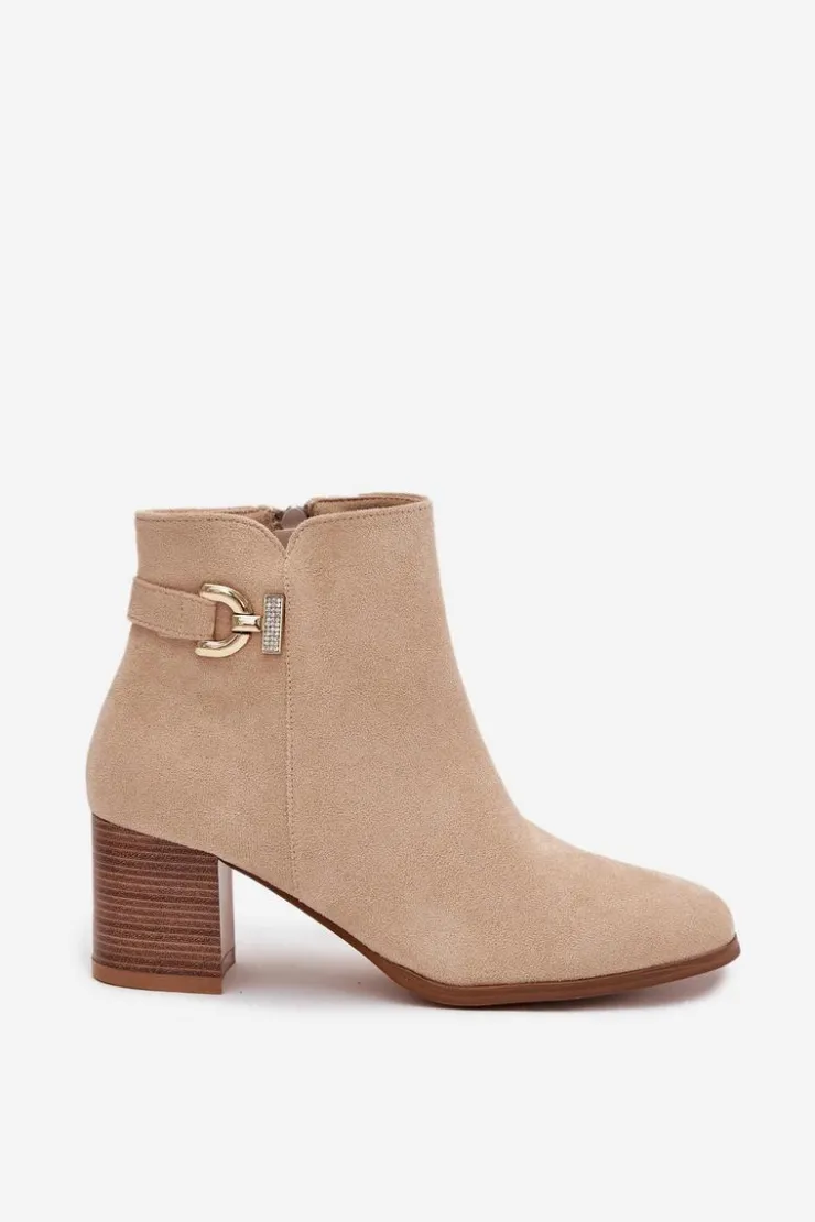 Damskie Boto Ocieplane Botki Damskie Na Słupku Ze Złotym Detalem Beżowe Renora