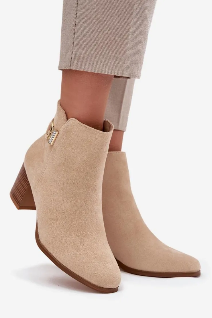 Damskie Boto Ocieplane Botki Damskie Na Słupku Ze Złotym Detalem Beżowe Renora