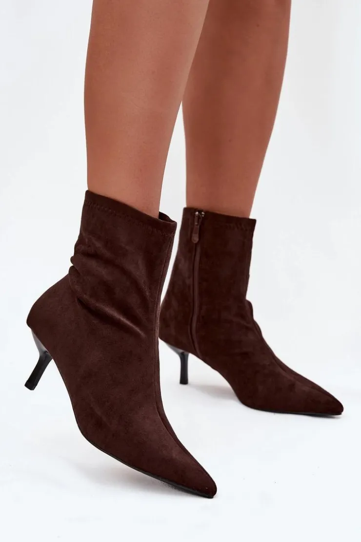 Damskie Boto Ocieplane Botki Damskie Na Szpilce Eko Zamszowe Czekoladowe Belisse