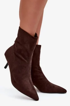 Damskie Boto Ocieplane Botki Damskie Na Szpilce Eko Zamszowe Czekoladowe Belisse